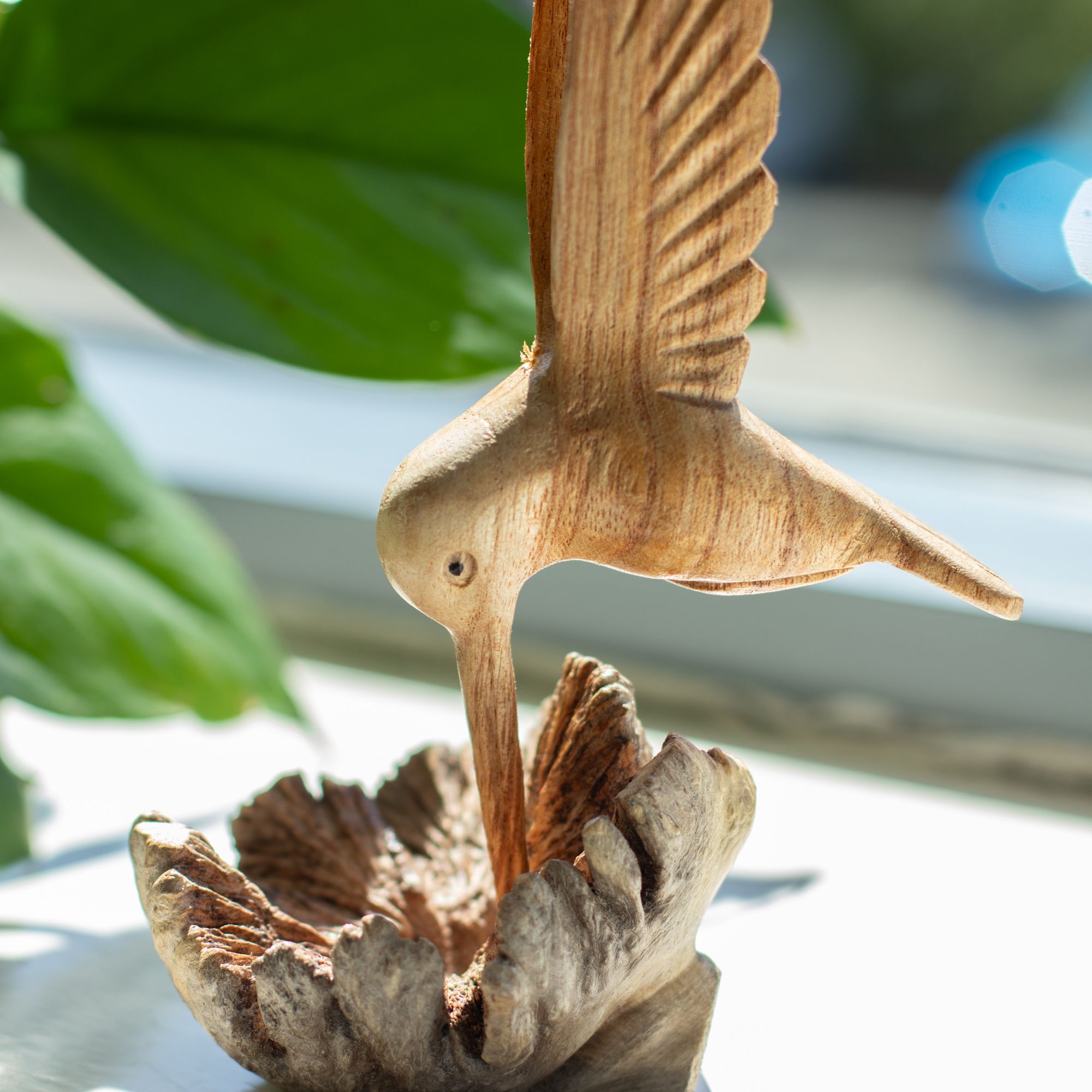 Handmade Wood Art Carving - Nectar Drinking Hummingbird - Image 5