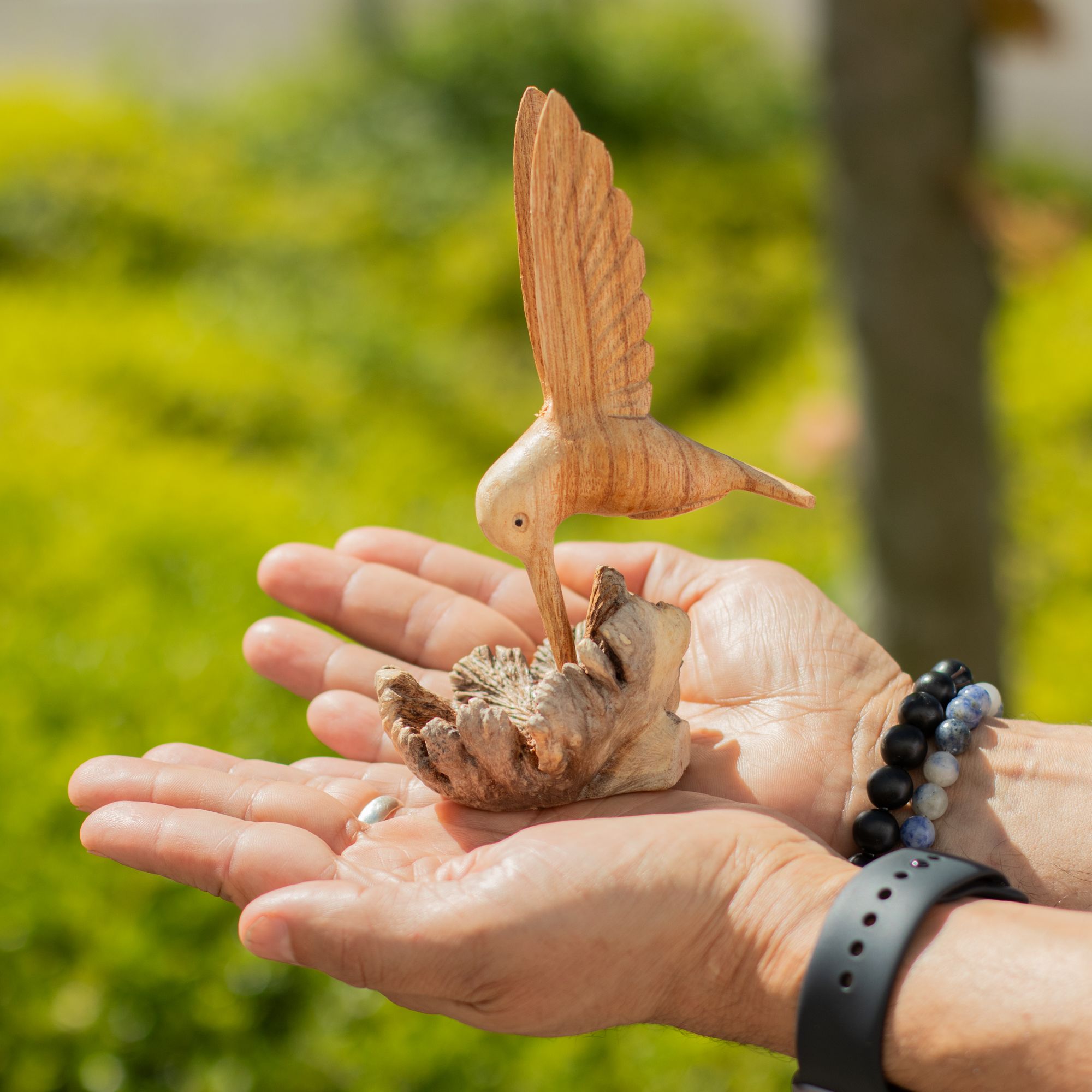 Handmade Wood Art Carving - Nectar Drinking Hummingbird - Image 2